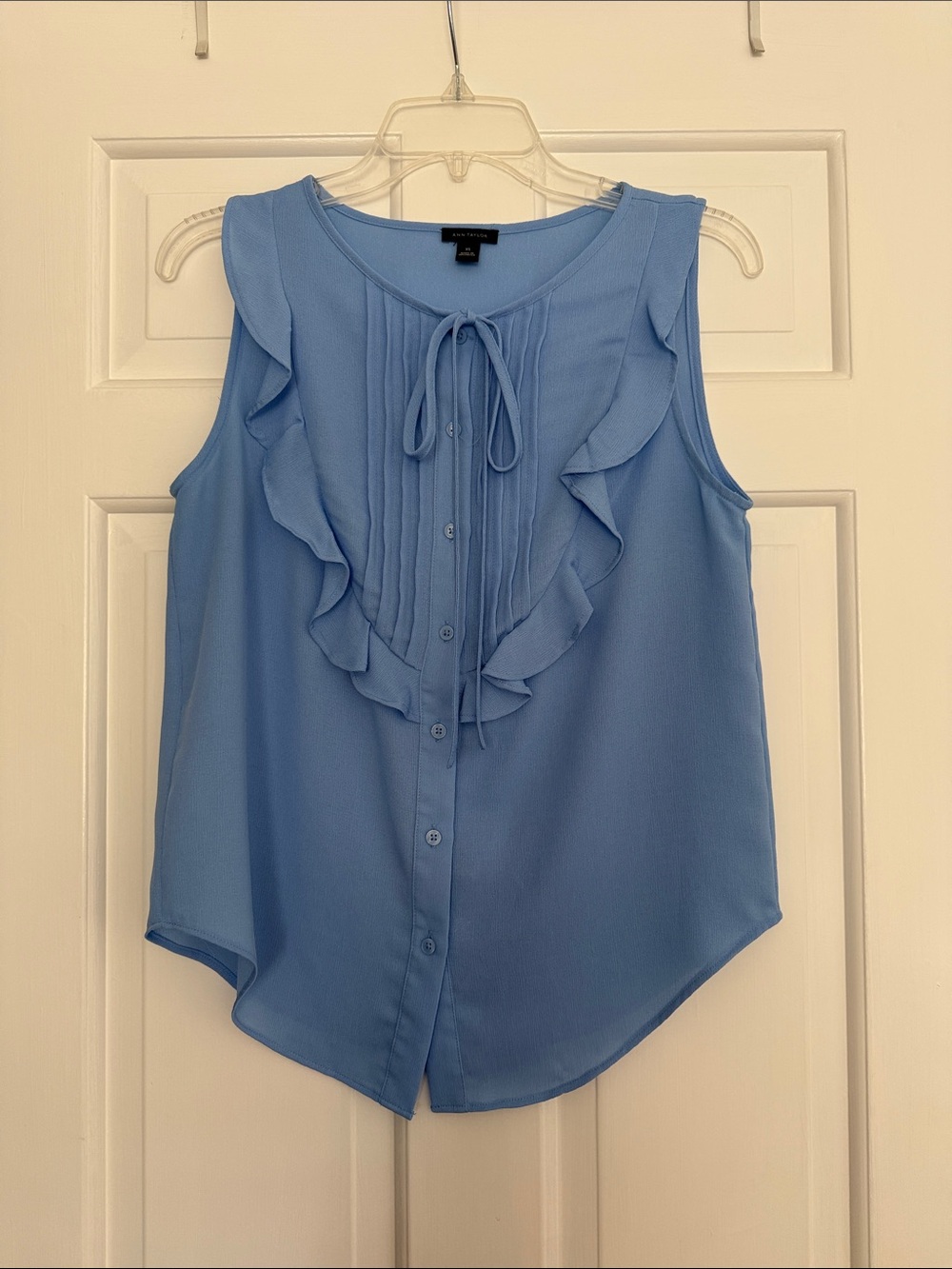 Ann Taylor Light Blue Ruffled Tie-Neck Sleeveless Blouse